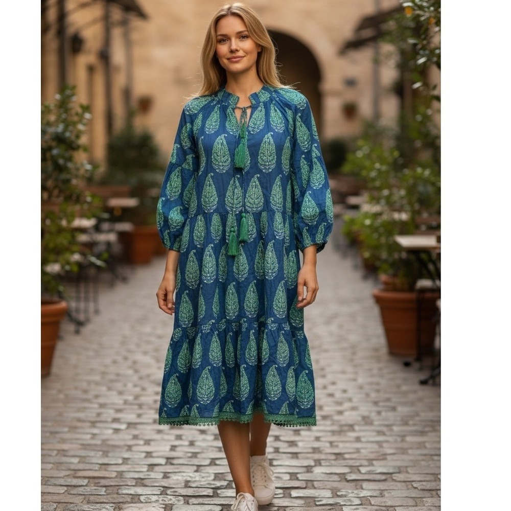 Naudic Molly  Dress Size Small Blue Caribbean Print NWT Boho Paisley Tiered Midi